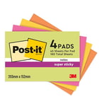 Post-it Super Sticky Meeting Notes, Pack de 4 Blocs, 45 Feuilles par Bloc, 203 mm x 152 mm, Vert, Rose, Jaune, Orange Couleurs - Notes Super Adhésives Grand Format pour Prise de Notes