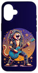 Coque pour iPhone 16 Drôle Chat Rockstar Guitare Joueur Cheveux Métal Glam Rock Band