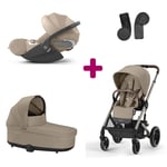 Cybex Pack Trio Poussette Balios Châssis Taupe et Siège Almond Beige + Nacelle Cot S Lux adaptateurs coque Cloud T i-size tissus plus Cozy beige