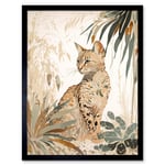 Savannah Cat with Colourful Fur Pattern in Nature Modern Watercolour Illustration Art Print Framed Poster Wall Decor 12x16 inch