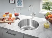 GROHE Kitchen Set of Start Tap & K200 Kitchen Sink – (Stainless Steel Round Kitchen Sink 1 Bowl Ø 390 mm Overall Ø 440 mm, Chrome 2 Handle Low Pressure Kitchen Tap Size 321mm UK Tails 1/2 Inch)