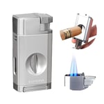 Kavydens Cigar Torch Lighter with The Cigar V Cutter, Refillable Butane Double Jet Flame. Windproof Lighters for Smoking with Gift Box (Butane Not Included)