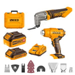 INGCO 20V Cordless Multi-Tool 10000-20000RPM and Cordless Hot Air Gun Portable Heat Gun Max 1022°F (550°C), 100/200 L/min with 1Pcs 4.0Ah Battery and 1Pcs 2.0Ah Battery COSLI230703