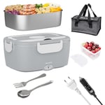 Nulmvic Lunch Box Gamelle Chauffante: 75W Lunch Box Chauffante Électrique 220V/ 12V/ 24V 1,5L Boîte Chauffante Repas 304 Acier Inoxydable pour Voiture Camion Bureau École (Gris)