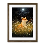 Artery8 Watching the Fireflies Dance Happy Fox over a Wildflower Meadow Oil Painting Orange White Blue Full Moon Spring Night Dreamy Landscape Artwork Framed Wall Art Print 18X24 Inch