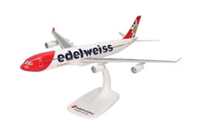 herpa Snap-Fit modèle d'avion Edelweiss Air Airbus A340-300 – HB-JMC “Flumserberg”, Miniature à l'échelle 1:200, pièce de Collection, modèle avec Support, Plastique