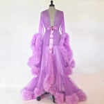 HYISHION Longue Robe de Nuit Tulle Plume, Femme Sexy Peignoir Kimono Transparente avec Ceinture, Longue Fourrure Plume Robe de Chambre Robe de Nuit,Violet