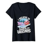 Womens I believe in Santa and unicorns funny Santa xmas pajamas V-Neck T-Shirt