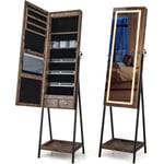 Armoire à Bijoux avec Miroir led 3 Couleurs, Miroir Bijoux sur Pieds avec Porte Verrouillable, 2 Tiroirs, Étagère Ouverte, Meuble Bijoux pour Chambre