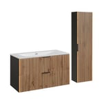 Ensemble meuble simple vasque encastree 100cm et colonne Gaia Bois et Noir