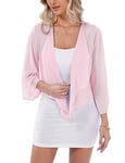 Aottori Cardigan Boléro Court Femme en Mousseline de Soie Gilet à Manches Évasées 3/4 Boléro Veste Elégant Chic pour Robe Bretelle Mariage Rose Clair S