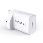 MAGIX MGXW154B Wall Charger PD Quick Charge 3.0 30W , USB Type-C, AC 100-240V to DC 5V 9V 12V 15V 20V (Qc 1.0 2.0 Compatible) (UK Plug)(White)