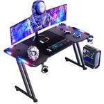 HLONONE 120 x 60cm Bureau Gaming LED, Grande Bureau Gamer avec Un Plateau en Fibre de Carbone, Bureau Informatique Ergonomique avec Tapis de Souris, Porte-gobelet et Crochet pour Casque, Noir