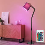 Lampadaire télécommande dimmable lampe articulée bois textile abat-jour lampe de salon mobile, métal noir marron, rgb led 8,5W 806Lm blanc chaud, h