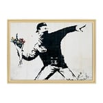 Conkrea Banksy 1644 Tableau sur toile encadrée, avec cadre, motif art street art – Lanceur de fleurs – 70 x 100 cm – Style contemporain bois naturel