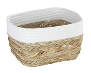 WENKO Panier de Rangement Rika M, Corbeille décorative pour Accessoires, en Fibres Naturelles tressées, ornée d'un Tissu en Coton, 80% de Fibres Naturelles, 20% de Coton, 18 x 25 x 15 cm, Brun/Blanc