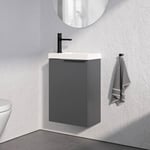 Meuble suspendu bois laqué + lavabo vasque céramique avec porte + poignée métal Noir mat, 40,5x22x55cm, TIM 400, Anthracite mat