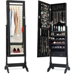 Armoire à Bijoux sur Pied Inclinable avec Miroir 120 x 27 cm, Organisateur de Bijoux Verrouillable avec 6 Étagères, 2 Tiroirs pour Bague, Boucles