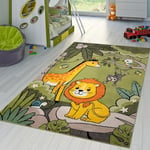 Tapis pour Enfant Tapis De Jeux Jungle Animaux Palmiers Singe Éléphant Girafe Lion Vert, Dimension:80x150 cm