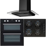 SIA 60cm Black Built Under Double Oven, 4 Burner Gas Hob & Curved Glass Hood Fan