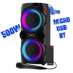 Enceinte DJ sur batterie Pickering ULTIMAT500, 500W, Boomers 25cm à LED, USB Bluetooth Radio FM,TWS, Microphone+ Clé USB 32G