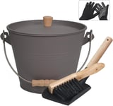 Seau à Pellets avec Couvercle, Seau a Cendre pour Cheminees Circulaire, Seau de 5 litres avec Pelle et Brosse, Ensemble d'Outils pour Cheminee, Foyer, Poele a Bois,Gris