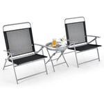 COSTWAY Garden Lounge Set med 2 hopfällbara stolar och 1 bord, metallram, soffbord i härdat glas för balkong uteplats Svart silver