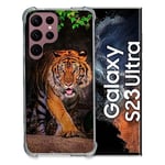 Cokitec Coque Renfocée en Verre Trempé pour Samsung Galaxy S23 Ultra Animal Tigre Jungle