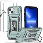 Antichoc Coque Para Iphone 13 6.1',Tpu+Pc Housse Protection De Qualité Militaire Avec Lentille Coulissante Couverture/2* Verre Trempé,Compatible Support De Voiture Magnétique-Vert