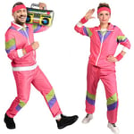 Aomig Déguisement Année 80 Homme Femme Costume Années 80 Survêtemen, Rétro Disco Hippie Survêtement Veste Pantalon Accessoire Bandeau Protège-poignets pour Carnaval Halloween Cosplay(Rose Rouge-M)