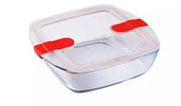 Pyrex Cook & Heat Square Glass Dish With Vented Lid Red Microwave Safe 2.2L