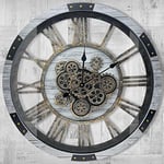 Real Moving Gears Wall Clock, Large Wall Clock Oversized Silent Vintage Steampunk Industrial Rustic Farmhouse Wooden Clocks for Living Room Kitchen Studio Cafe Wall Decor(60cm/24inch,Silver Grey