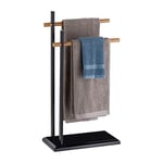 Relaxdays, noir Porte pied, Support pour serviettes de bain 2 barres, bambou, métal, 85,5x45x22,5 cm, 5 x 45 x 22,5 cm