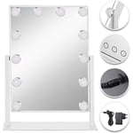 VEVOR Miroir de Maquillage avec Éclairage LED Miroir Maquillage Lumineux 40x30 cm Miroir Rabattable 12 Ampoules Luminosité Réglable Miroir sur Table Lumières Blanche Jaune sur Pied pour Maison Blanc