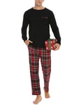 Vlazom Pyjama Homme Hiver Ensemble de Pyjama Col Rond Haut de Pyjama à Manches Longues Pantalon de Pyjama à Carreaux，Noir，XXL