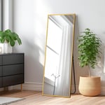 KIAYACI Full Length Floor Mirror with Stand 43"x16" Large Wall Mounted Full Body Mirror Horizontal/Vertical Bedroom Mirror Dressing Mirror Aluminum Alloy Frame Gold