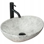 REA Lavabo en céramique - Forme ovale - 35 x 40 cm - Noir marbré - Robinetterie de salle de bain