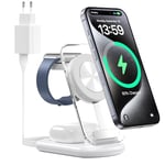 Station de Charge sans Fil 3 en 1 pour Mag-Safe, Chargeur magnétique sans Fil Pliable et réglable, Support de Charge de Voyage Mag-Safe avec lumière pour iPhone 15/14/13, AirPods, Apple Watch, Blanc