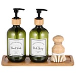 Zopeal 4 Pcs Kitchen Soap Dispenser Set 16 oz Dish Soap Dispenser with Bamboo Tray and Dish Brush Plastic Soap Dispenser Set with Waterproof Labels for Hand Soap Dish Lotion(Green)