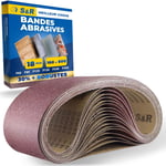 Bande Abrasive 100 x 610 mm. Jeu de 18 Bandes Abrasives x Métal et Bois 3 grains P60, P80, P120, P150, P240, P400 pour Ponceuse à Bande Bosch Makita Einhell Parkside