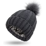 Kvinnors stickade mössa med satin foder Pom Pom vinter varm mössa Bobble hatt