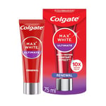 Colgate Max White Ultimate Renewal Whitening Toothpaste 75 ml | 10X whiter teeth | Instant teeth whitening toothpaste | Deeply whitens | Helps prevent future stains | Enamel safe for daily use