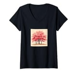 Womens Sakura Trees In Bloom Landscape Vintage Graphic V-Neck T-Shirt