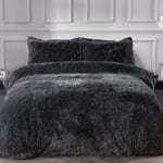 Sleepdown Fleece Luxury Long Pile Faux Fur Charcoal Grey Super Soft Easy Care Duvet Cover Quilt Bedding Set with Pillowcases - Super King (220cm x 260cm)