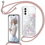 TUUTPU Coque pour Samsung Galaxy A34 5G avec Cordon, Paillette Liquide Étui pour Téléphone avec Lanière, Transparent Silicone Coque Collier Réglable Téléphone Housse Portable Lanyard Case - Or Rose