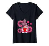 Womens Cute Pink Gnome Sunflower Valentines Day V-Neck T-Shirt