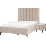 Ensemble de Chambre Lit Coffre Double 140 x 200 cm et 2 Tables de Chevet en Velours Taupe Sezanne