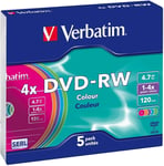 DVD-RW 4,7GB / 120MIN VERBATIM ÉCRITURE 4X COULEUR RÉINSCRIPTIBLE - PACK DE 5 DV
