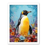 Artery8 King Penguin in Colourful Floral Flowers Nest Thick Paint Oil Painting Yellow Black Blue Colourful Artwork Framed Wall Art Print 18X24 Inch