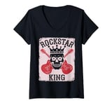 Womens Rockstar King Skull Crown Crossed Guitars V-Neck T-Shirt